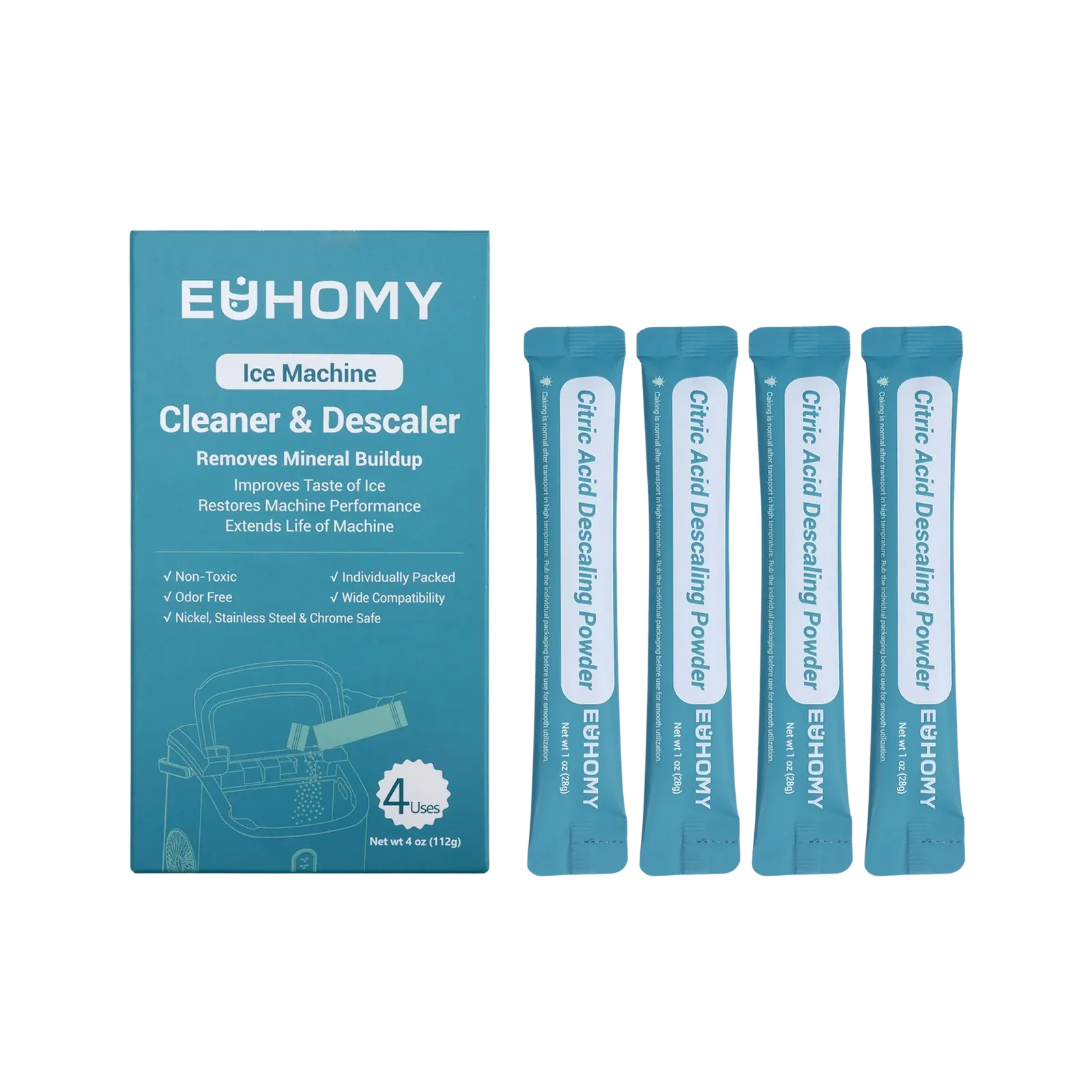 Euhomy Ice Maker Cleaner - Organic Citric Acid, Safe and Odor Free, 4 Individual Packs, Powerful Cleansing