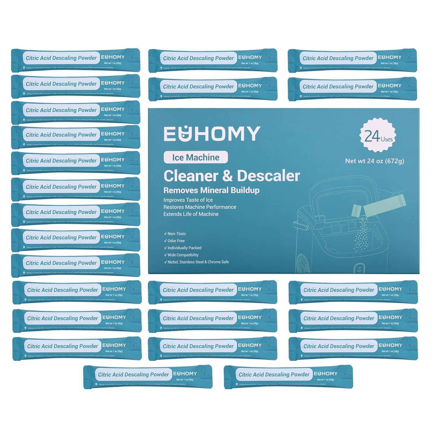 Euhomy Ice Maker Cleaner - Organic Citric Acid, Safe and Odor Free, 4 Individual Packs, Powerful Cleansing